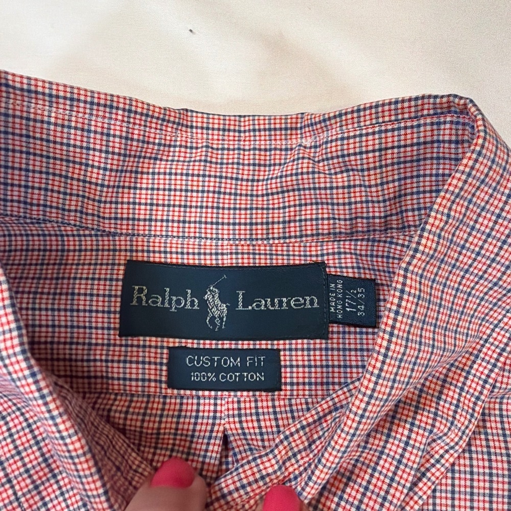 Ralph Lauren Men's Custom Fit ShOtt size 17.5 Red Blue Micro Check Button Down - Picture 3 of 7